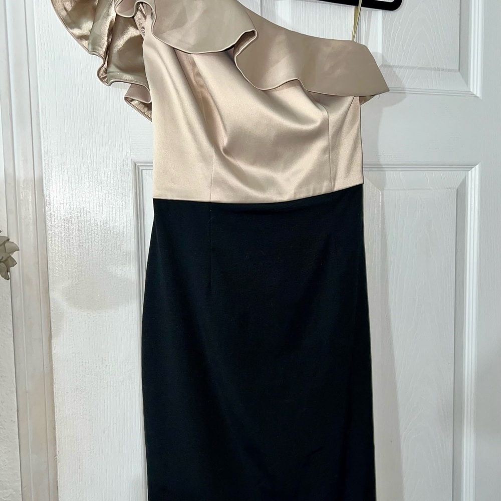 White & Black- NWTs! - Size 2: One-Shoulder Black and Cream Dress